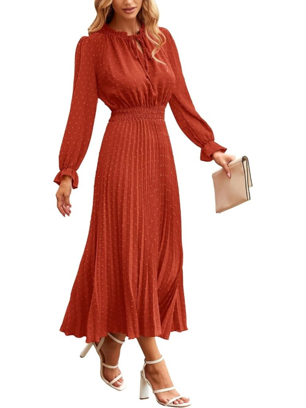 Women's Red Fall Long Puff Sleeve V Neck Swiss Dot Wedding Guest Midi Dresses